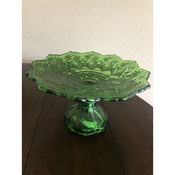 US Glass Co Green Footed Pedestal Candy Compote Dish Diamond Pattern - Picture 1 of 5